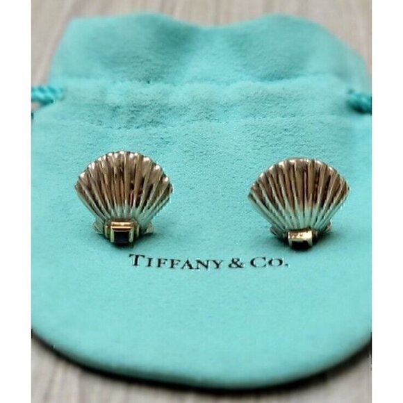 Tiffany & Co Vintage Sterling Silver 14kt Gold Sapphire Shell Earrings - Picture 3 of 6